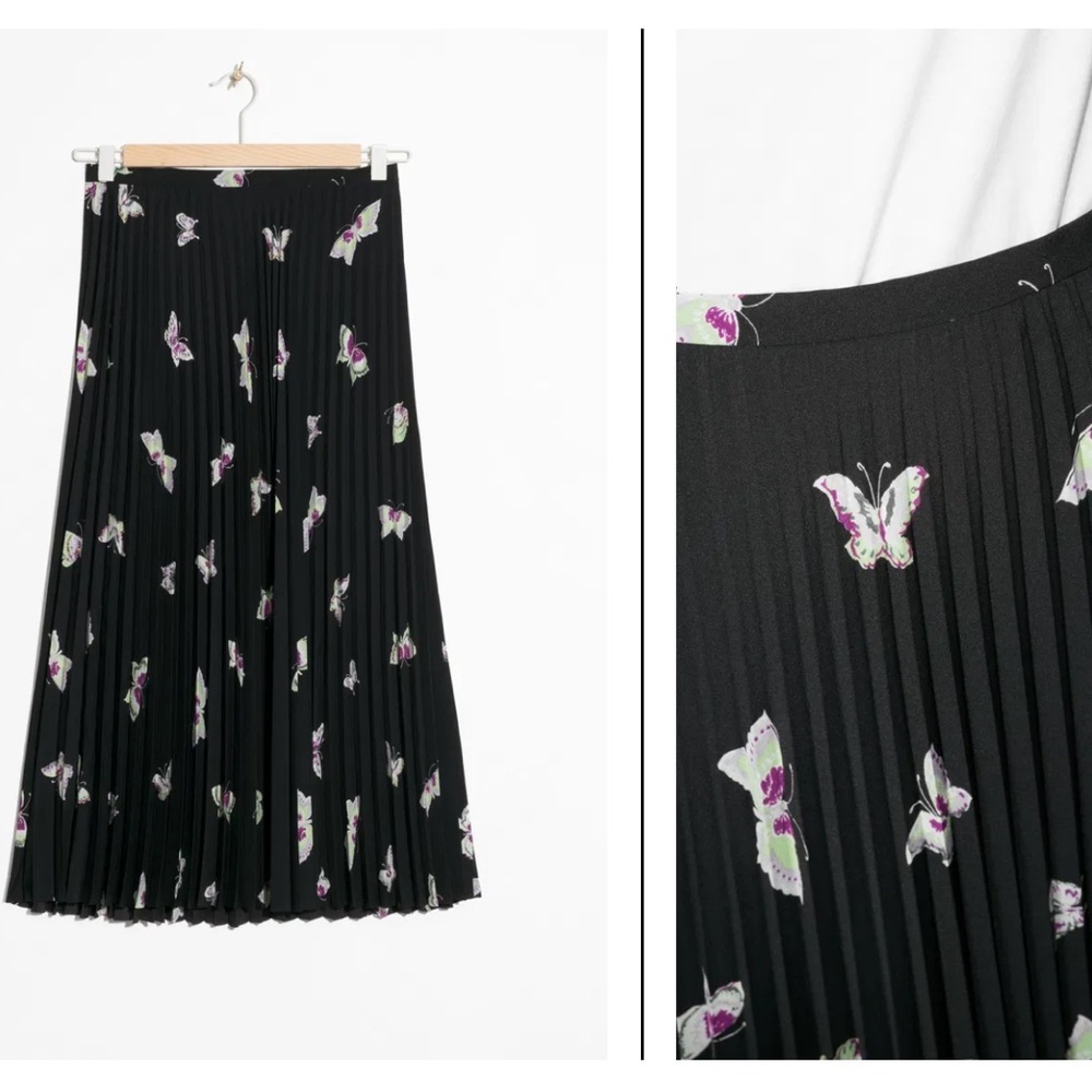 & Other Stories Black Pleated Skirt with Butterfly Print